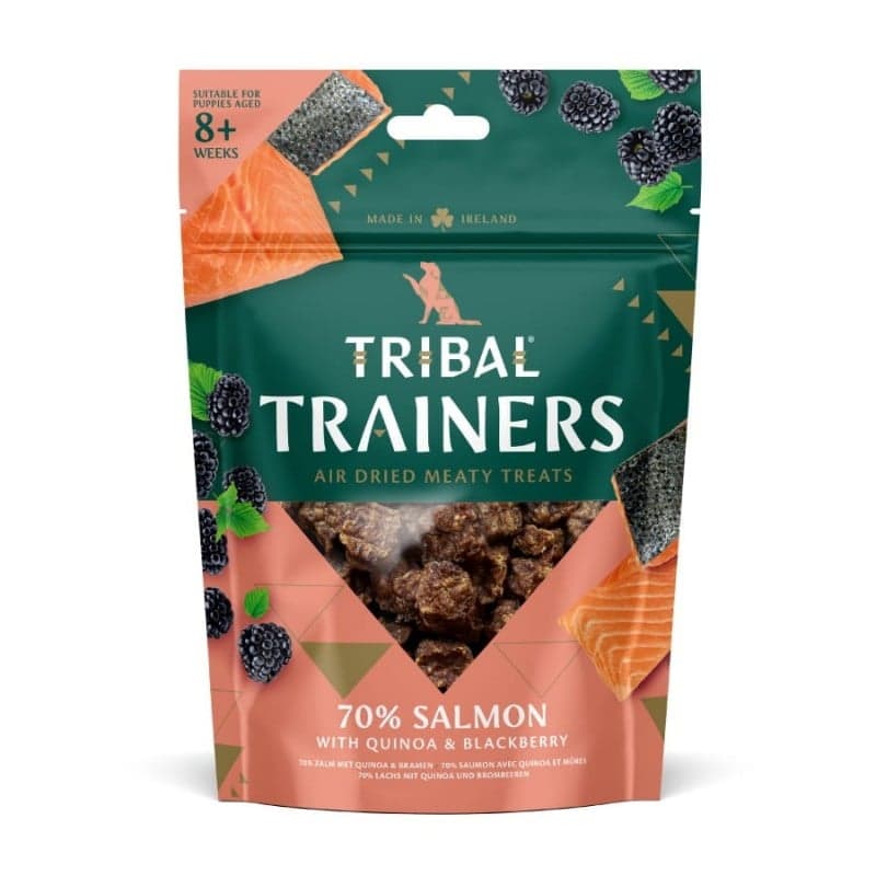 Lašišos ir gervuogių skanėstai dresūrai šunims – Salmon & Blackberry Trainers, 80 g – Tribal